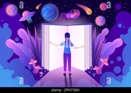 Girl reading open book vector illustration. Cartoon tiny woman standing at door to imagination, fantasy space adventure in universe with planets and stars, cat astronaut and magic flower and mushrooms Stock Vector