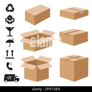 Versatile Cardboard or Carton Boxes with Delivery and Shipping Icons to Package and Ship Your Products and Materials. Available in Various Sizes for Y Stock Photo