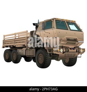 HIMARS FMTV with trailer sand color in realistic style. M142 High Mobility Artillery Rocket System. Tactical truck. Printable design to fill. Vector i Stock Vector