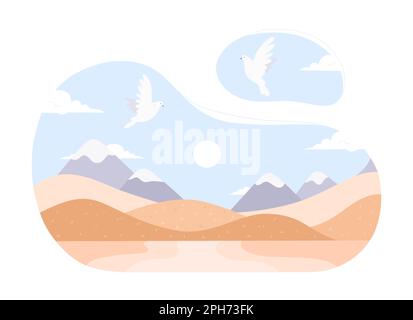 Sand desert landscape with flying doves vector illustration. Cartoon minimalist wild yellow dunes, terrain with hills and mountain peaks on horizon, white pigeons fly in blue sky over dry land Stock Vector