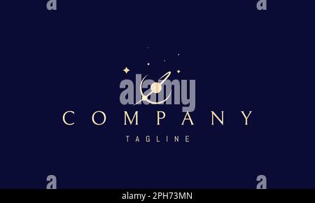 Vector golden logo with an abstract image of a vinyl music record in the form of a planet with an orbit. Stock Vector