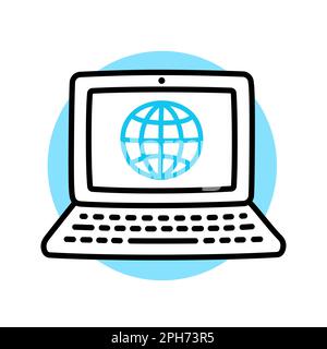 Hand drawn doodle laptop icon with internet symbol. Online communication, cute cartoon drawing. Vector clip art illustration. Stock Vector