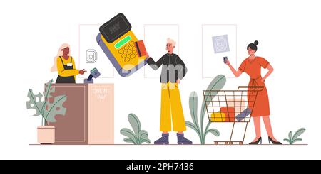 RFID application. Man pays purchases in store using radio frequency identification method. Card scanning. Electronic payments. Seller at cashier Stock Vector