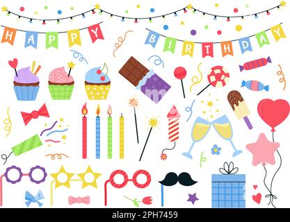 Party birthday decorations clipart, cartoon garlands and party balloons. Scrapbook colorful items, children festive, decent anniversary vector set Stock Vector