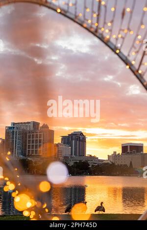 Orlando Downton skyline above the lake Eola during the sunset orange tones Stock Photo