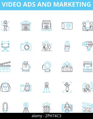 Video ads and marketing vector line icons set. Video, Ads, Marketing, Advertising, Promotions, Campaigns, YouTube illustration outline concept symbols Stock Vector