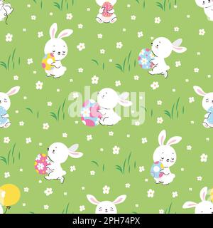 Easter seamless pattern, cartoon bunny and eggs decor. Spring bunnies, cute rabbit on meadow fabric print. Baby festive nowaday vector background Stock Vector