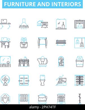 Furniture and interiors vector line icons set. Furniture, Interiors, Sofas, Chairs, Tables, Desks, Beds illustration outline concept symbols and signs Stock Vector