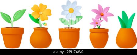 Plants in pots 3d icons. Flowers and leaves, chamomile, lily pot flower. Realistic plasticine daisy in clay vase. Spring summer green garden pithy Stock Vector