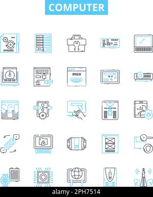 Computer vector line icons set. Computer, laptop, desktop, monitor, printer, router, CPU illustration outline concept symbols and signs Stock Vector