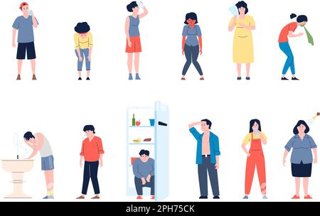 Sun stroke and dehydration after exercise. Adults heat strokes symptoms, sunny summer hot. High temperature, heated flat recent vector characters Stock Vector