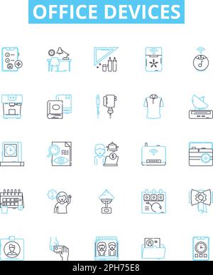 Office devices vector line icons set. Printers, Copiers, Computers, Monitors, Scanners, Faxes, Phones illustration outline concept symbols and signs Stock Vector
