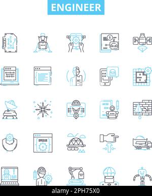 Engineer vector line icons set. Engineer, Technical, Mechanical, Structural, Electrical, Design, Civil illustration outline concept symbols and signs Stock Vector