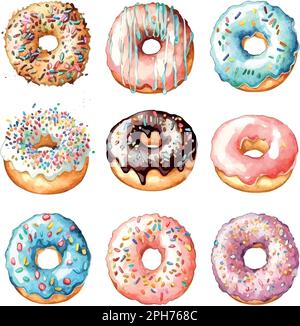 Collection of watercolor colorful donuts glazed Stock Vector Image ...