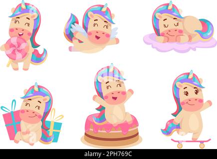 Fantasy unicorns. Cute fairytale animals in action poses exact vector cartoon pony collection Stock Vector