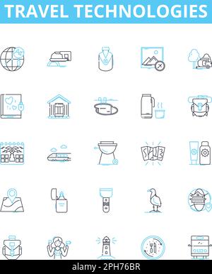 Travel technologies vector line icons set. Mobile, Apps, AI, Voice, Augmented, Reality, Tracking illustration outline concept symbols and signs Stock Vector