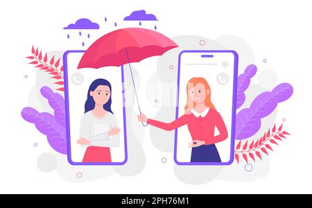 Online chat support, psychology therapy and protection from stress vector illustration. Cartoon female psychologist counseling sad upset girl, holding umbrella to protect woman from rain in video call Stock Vector
