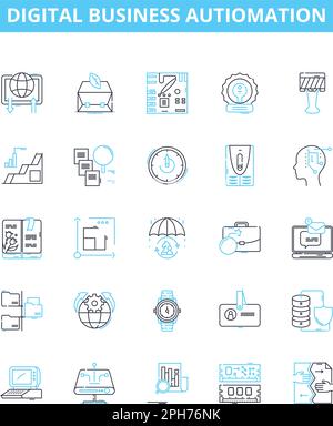 Digital business autiomation vector line icons set. Digital, Business, Automation, Artificial intelligence, Machine learning, Robotic process Stock Vector
