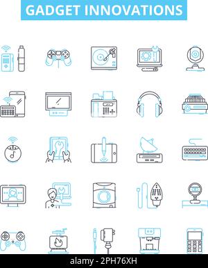 Gadget innovations vector line icons set. Tech, Gadgets, Innovation, Robotics, Smartphone, AI, Wearables illustration outline concept symbols and Stock Vector