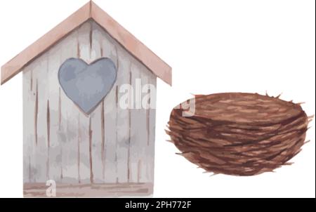 Watercolor wood birdhouse with heart and Bird nest. Spring decoration. Stock Vector