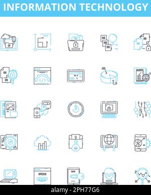 Information technology vector line icons set. IT, Computers, Software, Networking, Data, Security, Automation illustration outline concept symbols and Stock Vector