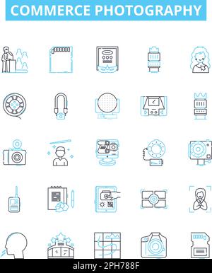 Commerce photography vector line icons set. Commerce, Photography, Portrait, Landscape, Wildlife, Nature, Still life illustration outline concept Stock Vector