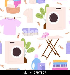 Home laundry service, clean t-shirt on rope and cleaning tools seamless pattern. Household elements, iron and ironing board, racy vector print Stock Vector