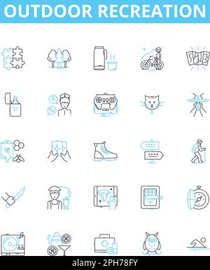 Outdoor recreation vector line icons set. Hiking, Camping, Swimming, Kayaking, Fishing, Climbing, Sailing illustration outline concept symbols and Stock Vector