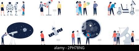 Astronomy cosmonautics museum, people in planetarium. Solar system study, planet celestial science. Astronaut costume, telescope, recent vector set Stock Vector