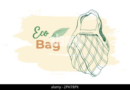 Hand Drawn Eco Grocery Shopping Bags Collection. Black Doodle line Art Vector Illustration. No Plastic, Go Green, Eco Friendly , Plastic Bag Free Conc Stock Vector