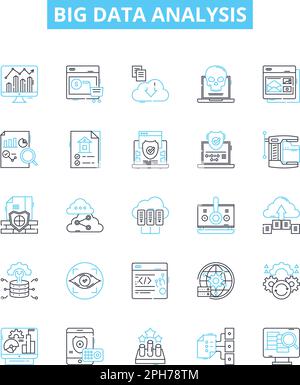 Big data analysis vector line icons set. Analytics, Mining, Storage, Patterns, Visualization, Machine-learning, Clustering illustration outline Stock Vector
