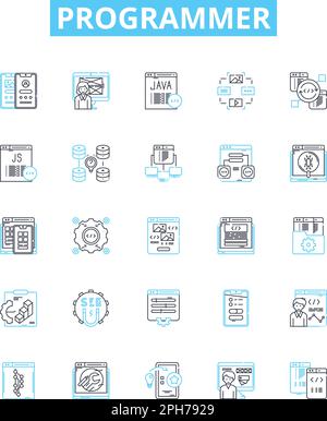 Programmer vector line icons set. Developer, Coder, Engineer, Technician, Analyst, Designer, Hacker illustration outline concept symbols and signs Stock Vector