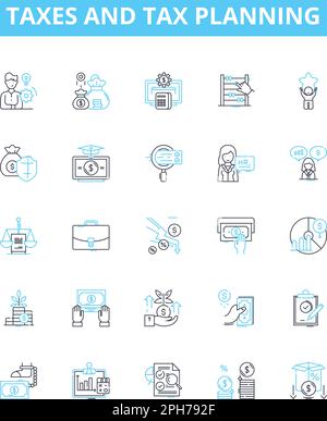 Taxes and tax planning vector line icons set. Taxes, Taxation, Taxation Planning, Planning, Return, Deductible, Payroll illustration outline concept Stock Vector
