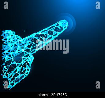 Polygonal vector illustration of index finger touching or pointing something on dark blue background. Stock Vector