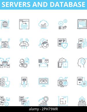 Servers and database vector line icons set. Servers, Databases, SQL, MySQL, PostgreSQL, Oracle, Microsoft SQL Server illustration outline concept Stock Vector
