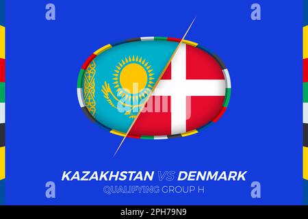 Kazakhstan vs Denmark icon for European football tournament qualification, group H. Competition icon on the stylized background. Stock Vector