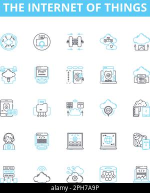 the Internet of Things vector line icons set. IoT, Smart, Connected, Automation, Wearables, AI, Sensors illustration outline concept symbols and signs Stock Vector