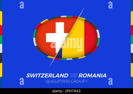 Switzerland vs Romania icon for European football tournament qualification, group I. Competition icon on the stylized background. Stock Vector