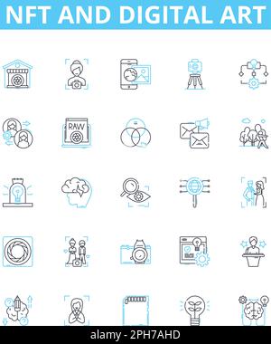 NFT and digital art vector line icons set. NFT, Digital, Art, Cryptocurrency, Blockchain, Digitalized, Marketplace illustration outline concept Stock Vector