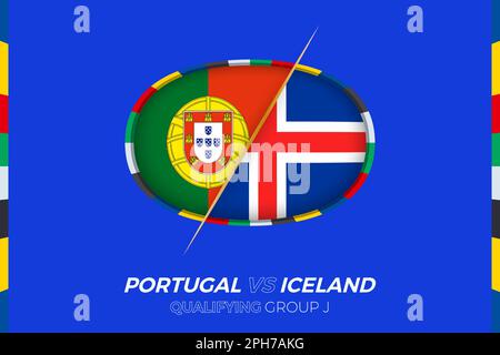 Portugal vs Iceland icon for European football tournament qualification, group J. Competition icon on the stylized background. Stock Vector