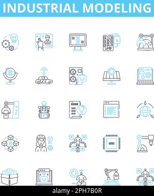 industrial modeling vector line icons set. Industrial, Modeling, Manufacturing, Process, Factory, Simulation, Analysis illustration outline concept Stock Vector