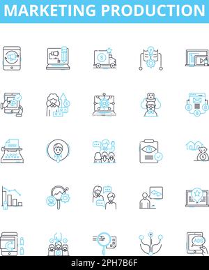 Marketing production vector line icons set. Promotion, Strategy, Advertising, Distribution, Branding, Analysis, Creativity illustration outline Stock Vector