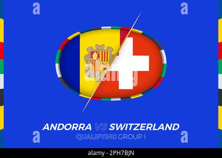 Andorra vs Switzerland icon for European football tournament qualification, group I. Competition icon on the stylized background. Stock Vector