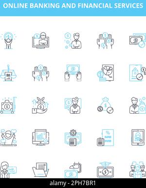 Online banking and financial services vector line icons set. Banking, Online, Financial, Services, Transaction, Payment, Deposit illustration outline Stock Vector
