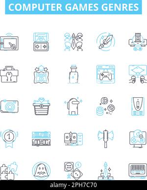 Computer games genres vector line icons set. Simulation, Shooter ...