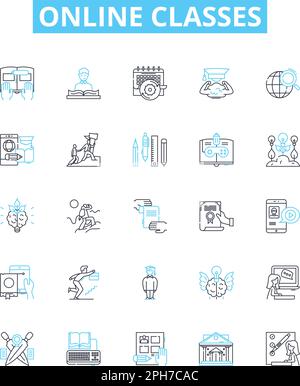 Online classes vector line icons set. Online, Classes, Learning, eLearning, Remote, Virtual, Webinars illustration outline concept symbols and signs Stock Vector