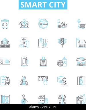 Smart city vector line icons set. Smart, City, Intelligent, Sustainable, Technology, Automation, Network illustration outline concept symbols and Stock Vector