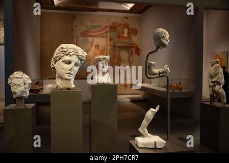 Heads and body parts of ancient Roman statues on display at Narbo Via Roman History Museum in Narbonne. Stock Photo