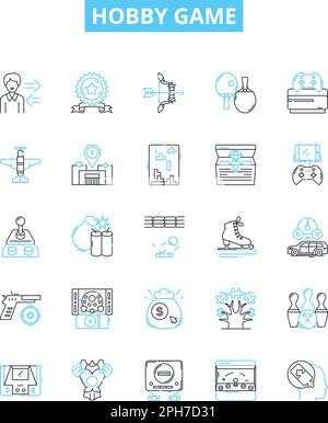 Hobby game vector line icons set. Gaming, Tabletop, Role-Playing, Fishing, Painting, Woodworking, Astronomy illustration outline concept symbols and Stock Vector