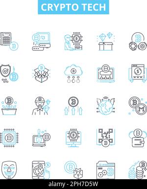 Crypto tech vector line icons set. Cryptocurrency, Blockchain, Mining, Security, Trading, Exchange, Algorithm illustration outline concept symbols and Stock Vector